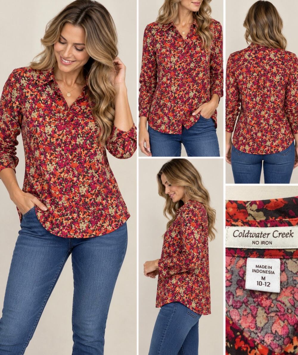 Coldwater Creek No Iron Floral Button Down Shirt Women’s M 10-12 Cottagecore